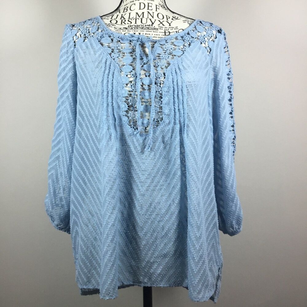 Bila floaty light blue cover up top lagenlook layering beach crochet detail sz S